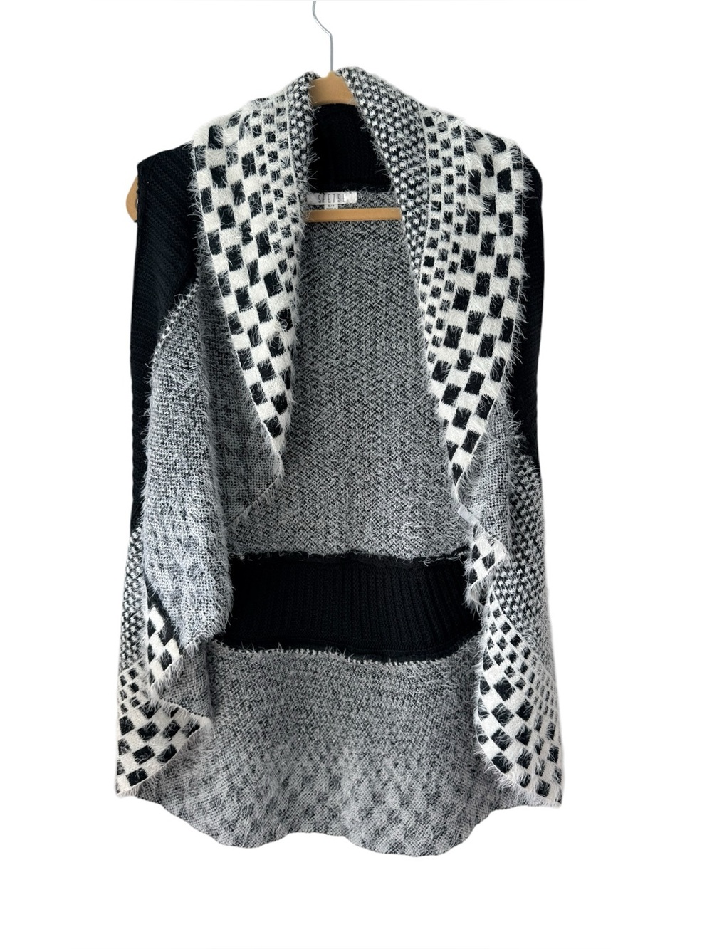 Spence Black & White Patterned Open-Front Waterfall Sweater Vest Small